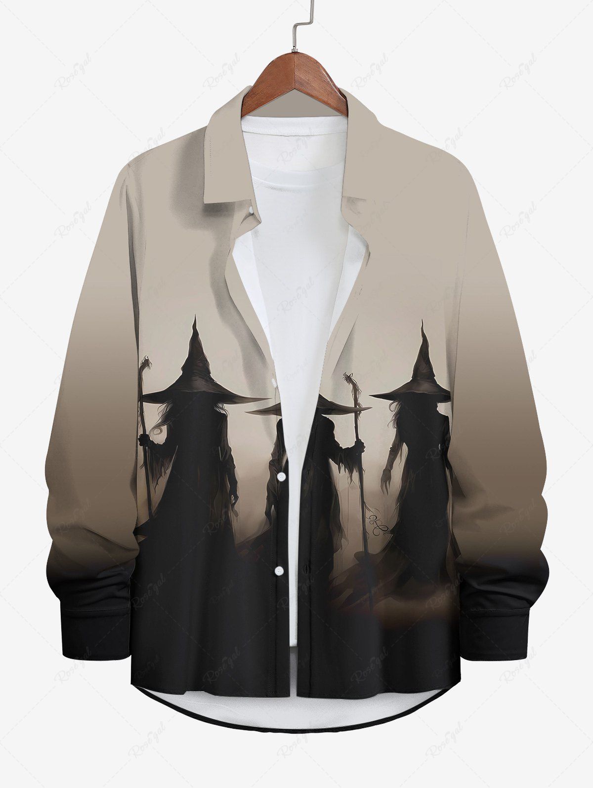 Online Plus Size Halloween Hat Wisard Ombre Colorblock Print Buttons Long Sleeve Shirt For Men  