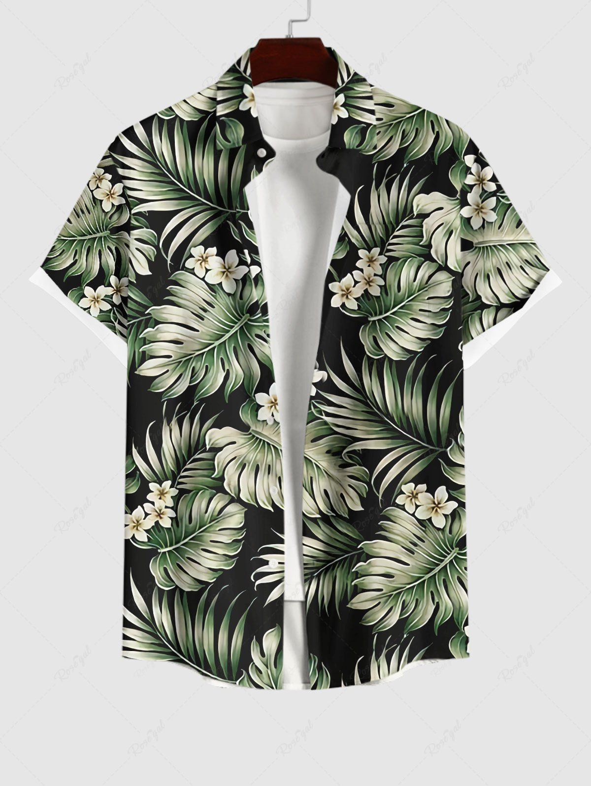 Unique Plus Size Tropical Leaf Flower Print Buttons Pocket Hawaii Shirt For Men  