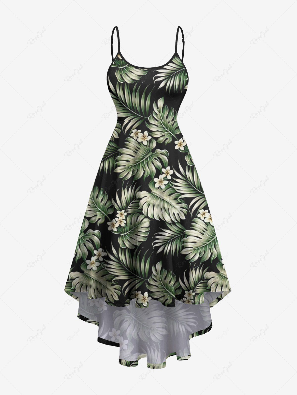 Cheap Plus Size Tropical Leaf Flower Print High Low Hawaii Cami Dress  