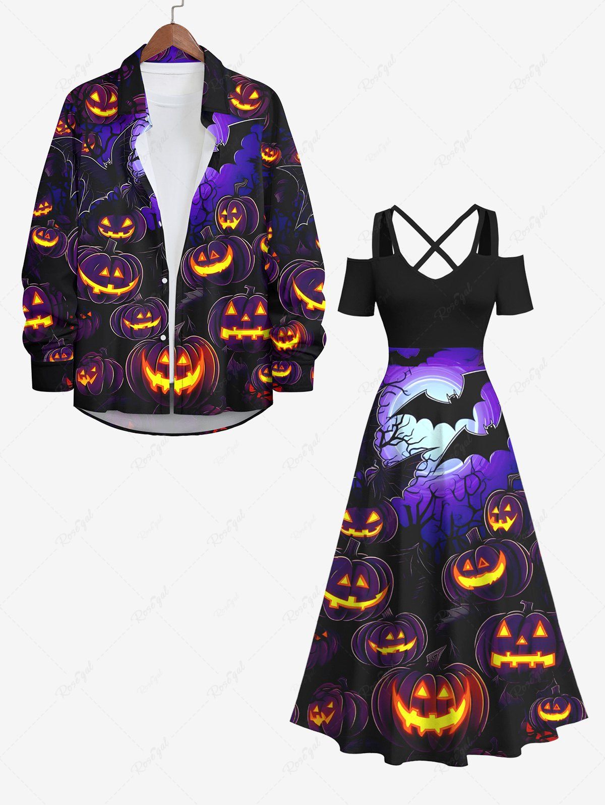 Chic Halloween Costume Bat Glitter Pumpkin Lantern Tree Moon Print Plus Size Matching Set For Couples  