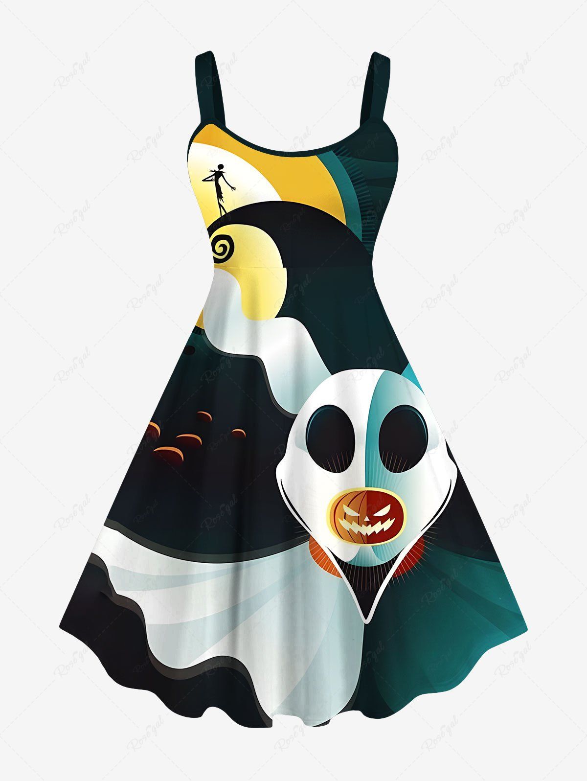 Robe D'Halloween en Blocs de Couleurs Lune et Citrouille Imprimées Grande Taille Multi-A 1X