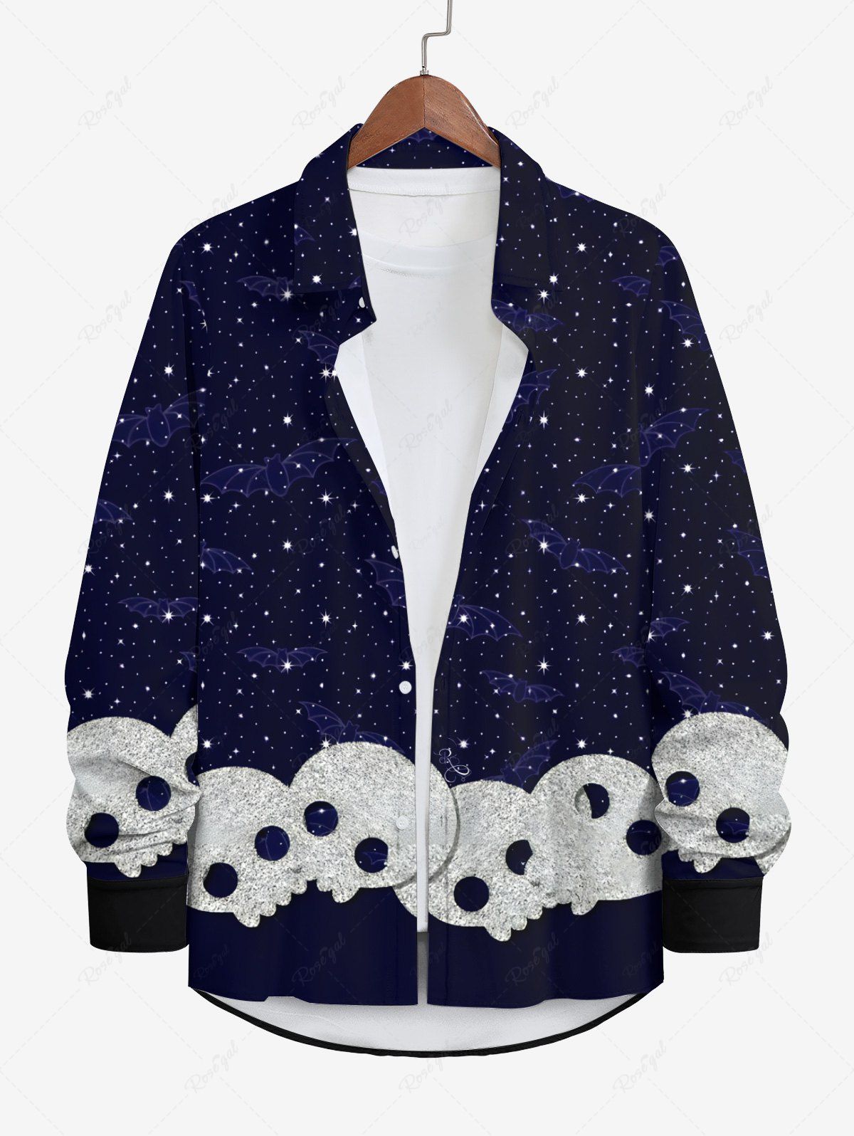Chic Plus Size Halloween Galaxy Star Glitter Skulls 3D Printe Long Sleeve Buttons Shirt For Men  