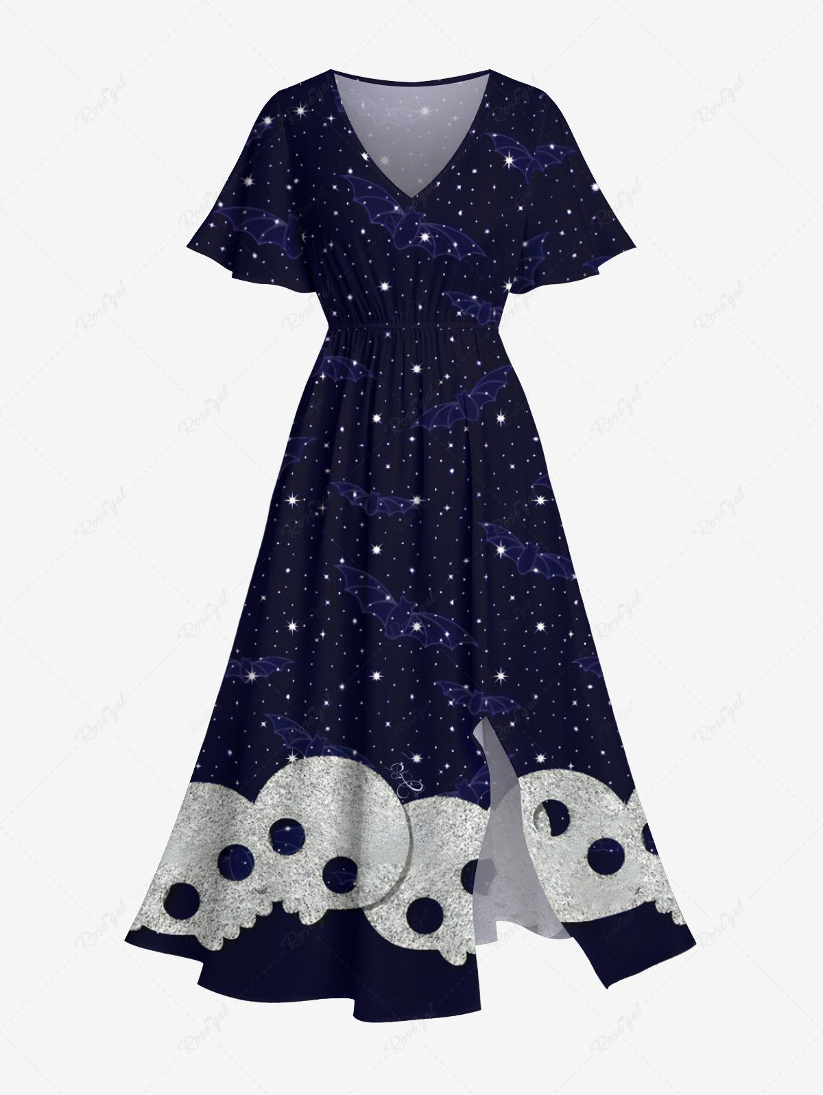 Robe D'Halloween Mi-Longue Fendue 3D Etoile Galaxie et Crâne Imprimées de Grande Taille à Paillettes Bleu de Minuit 2X