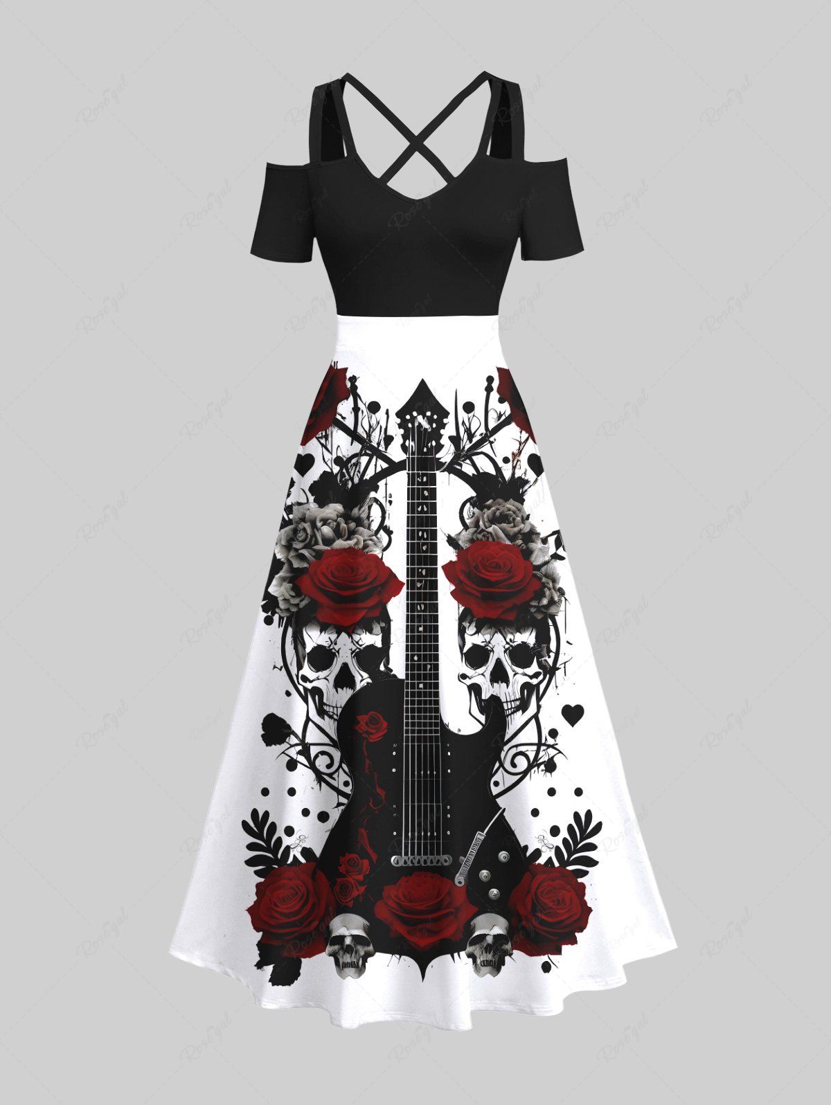 Maxi Robe Costume D'Halloween Croisée Fleur Feuille et Guitare Imprimés de Grande Taille Noir 2X
