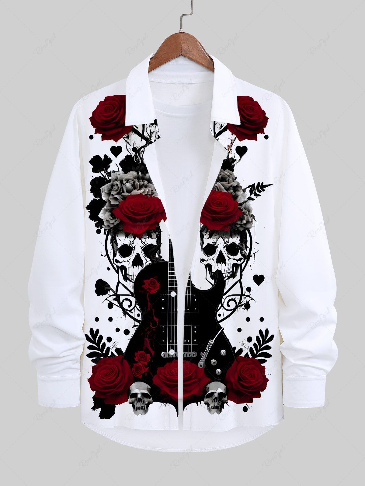 Fancy Plus Size Skulls Flower Leaf Heart Guitar Ink Painting Print Halloween Button Shirt For Men  