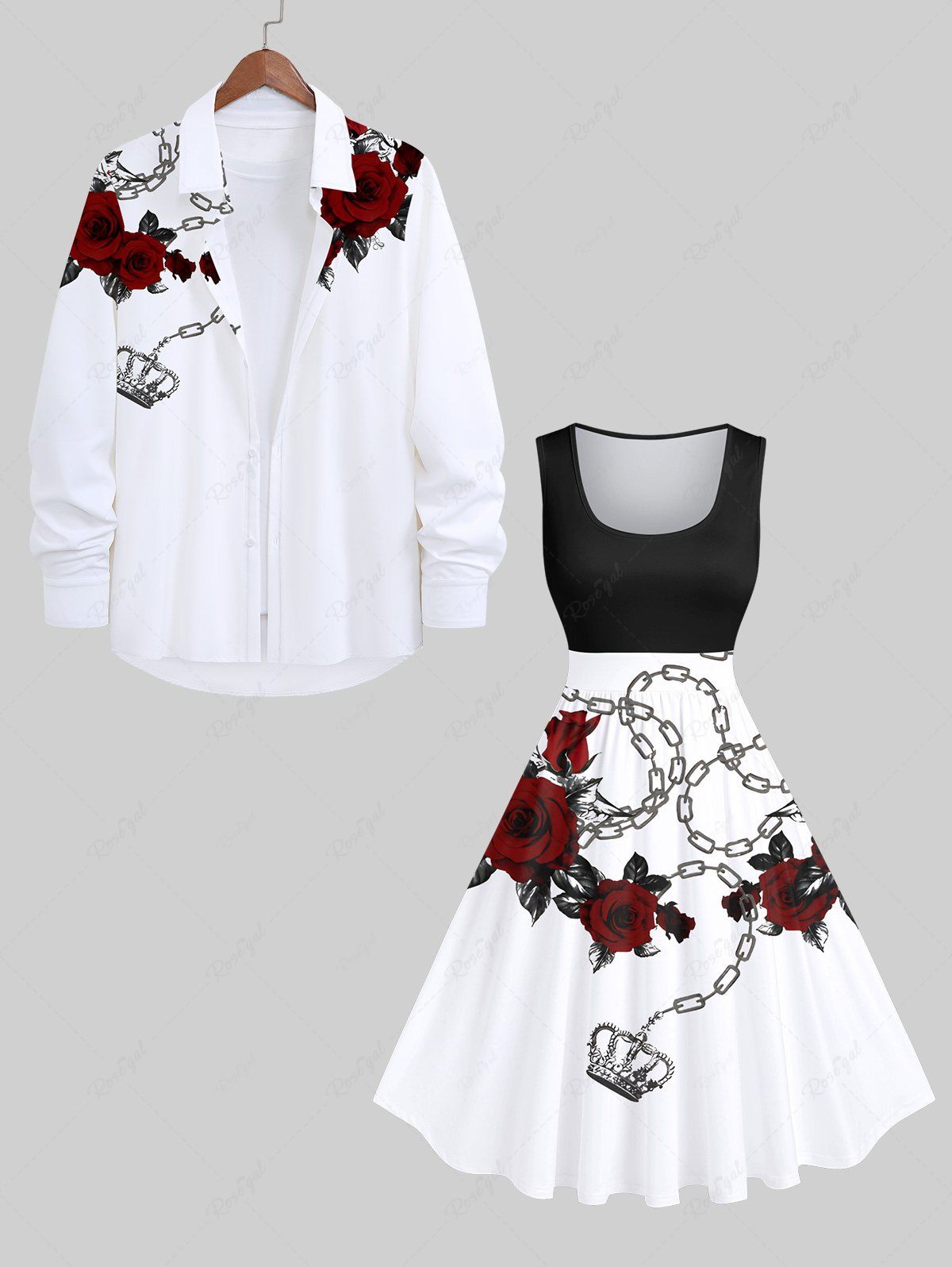 Discount Halloween Costume Rose Flower Leaf Chain Crown Print Plus Size Matching Set For Couples  