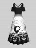 Maxi Robe D'Halloween Citrouille et Chat Imprimés en Blocs de Couleurs à Epaule Dénudée Grande Taille - Multi-A L