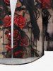 Plus Size Halloween Rose Flower Crow Paint Drop Print Buttons Long Sleeve Shirt For Men -  