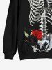 Plus Size Skeleton Rose Flower Leaf Butterfly Print Halloween Kangaroo Pocket Drawstring Pullover Hoodie For Men -  