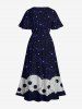 Robe D'Halloween Mi-Longue Fendue 3D Etoile Galaxie et Crâne Imprimées de Grande Taille à Paillettes - Bleu de Minuit 2X