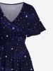 Robe D'Halloween Mi-Longue Fendue 3D Etoile Galaxie et Crâne Imprimées de Grande Taille à Paillettes - Bleu de Minuit 2X