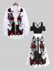 Maxi Robe Costume D'Halloween Croisée Fleur Feuille et Guitare Imprimés de Grande Taille - Noir 2X