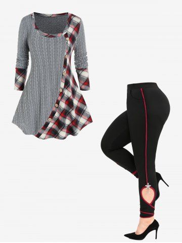 Plaid Mixed Media Cable Knit Tee and Cut Out Side Pentagram Tassel Pockets Skinny Leggings Plus Size Outfit - GRAY