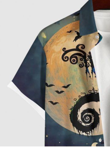 Plus Size Halloween Costume Moon Tree House Bat Print Buttons Pocket Shirt For Men