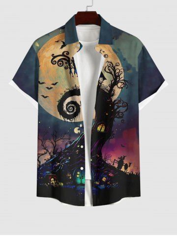 Plus Size Halloween Costume Moon Tree House Bat Print Buttons Pocket Shirt For Men