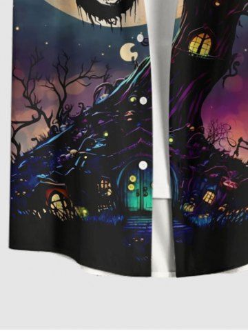 Plus Size Halloween Costume Moon Tree House Bat Print Buttons Pocket Shirt For Men