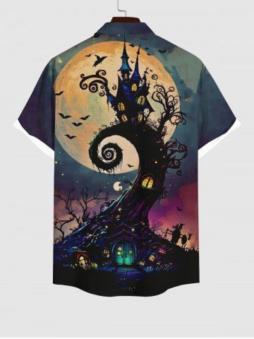 Plus Size Halloween Costume Moon Tree House Bat Print Buttons Pocket Shirt For Men