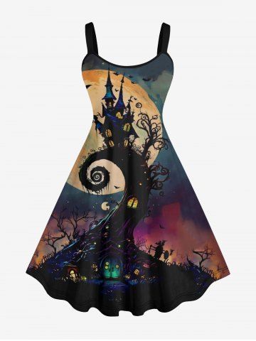 Plus Size Halloween Costume Moon Tree House Bat Print Tank Dress - MULTI-A - S