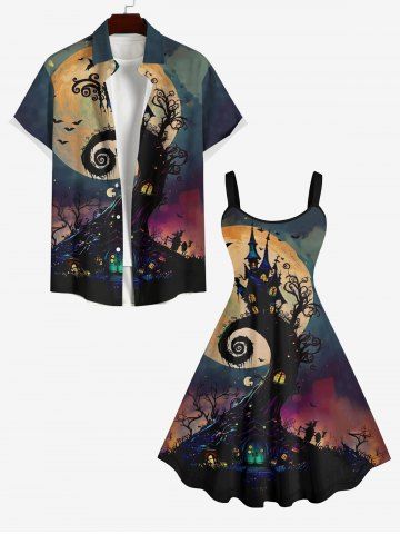 Plus Size Halloween Costume Moon Tree House Bat Print Tank Dress