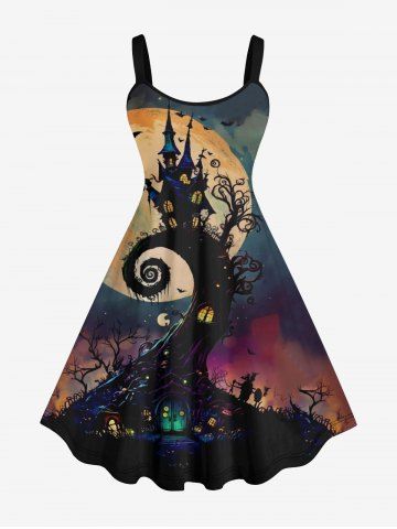 Plus Size Halloween Costume Moon Tree House Bat Print Tank Dress - MULTI-A - 3X