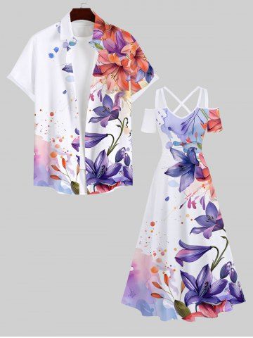 Watercolor Lily Flower Painting Splatter Print Plus Size Matching Hawaii Beach Outfit For Couples - MULTI-A