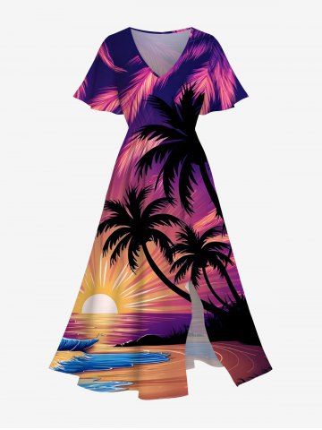 Plus Size Coconut Tree Sun Sea Beach Painting Dusk Tropical Leaves Print Hawaii Ombre Split Pocket A Line Midi Dress - MULTI-A - L