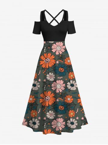 Plus Size Pumpkin Daisy Flower Bat Star Spider Web Print Halloween Costume Crisscross A Line Maxi Dress - BLACK - 3X