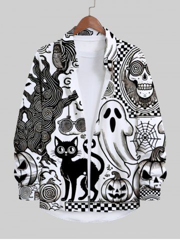 Plus Size Ghost Pumpkin Cat Tree Bat Skull Plaid Glasses Spider Web Print Halloween Button Shirt For Men - WHITE - 5XL