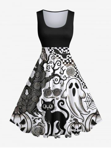 Plus Size Ghost Pumpkin Cat Tree Bat Skull Plaid Glasses Spider Web Print Halloween Costume Vintage Swing A Line Dress - BLACK - XS
