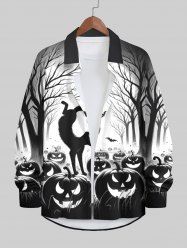 Plus Size Halloween Cat Pumpkin Bat Tree Forest Print Long Sleeve Buttons Shirt For Men -  