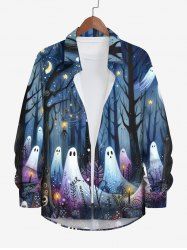 Plus Size Halloween Star Moon Forest Ghost Spiders Plants Candles Print Buttons Long Sleeve Shirt For Men -  
