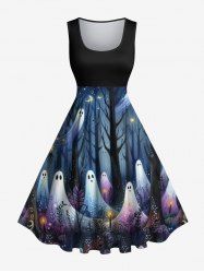Robe Vintage Costume D'Halloween Plante Fantôme et Forêt Imprimés Grande Taille - Noir 2X