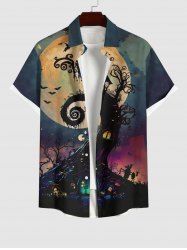 Plus Size Halloween Costume Moon Tree House Bat Print Buttons Pocket Shirt For Men -  
