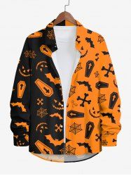 Plus Size Halloween Spider Web Bat Cross Ghost Face Colorblock Print Buttons Long Sleeve Shirt For Men -  