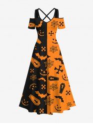 Plus Size Halloween Costume Spider Web Bat Cross Ghost Face Colorblock Print Cold Shoulder Crisscross Maxi Dress -  