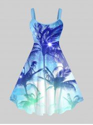 Plus Size Coconut Tree Ombre Colorblock Glitter 3D Print Hawaii Tank Dress -  