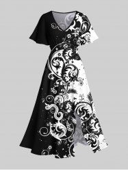 Plus Size Two Tone Paisley Floral Leaf Print Split Hawaii Midi Dress -  