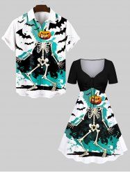 Halloween Costume Pumpkin Skeleton Bat Painting Splatter Print Plus Size Matching Set For Couples -  