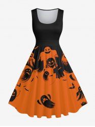 Plus Size Skull Ghost Bat Two Tone Print Halloween Costume Vintage Swing A Line Dress -  