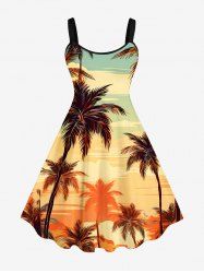 Plus Size Colorful Coconut Tree Sea Print Hawaii Ombre A Line Tank Dress -  