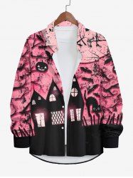 Plus Size Bat Pumpkin Tree Branch Cat Ink Painting Castle Print Halloween Button Shirt For Men -  