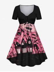 Robe D'Halloween Costume Chauve-souris Citrouille et Château Imprimés Grande Taille - Rose clair 6X