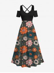 Maxi Robe D'Halloween Citrouille Chauve-souris Toile D'Araignée et Marguerite Imprimés de Grande Taille - Noir 5X