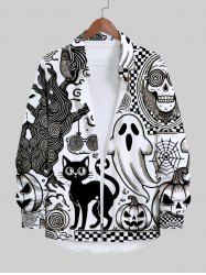 Plus Size Ghost Pumpkin Cat Tree Bat Skull Plaid Glasses Spider Web Print Halloween Button Shirt For Men -  