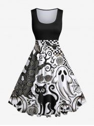Plus Size Ghost Pumpkin Cat Tree Bat Skull Plaid Glasses Spider Web Print Halloween Costume Vintage Swing A Line Dress -  