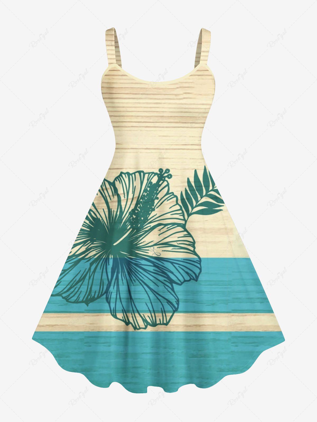 New Plus Size Tropical Leaf Hibiscus Flowers Beach Sea Colorblock Print Hawaii Tank Dress  