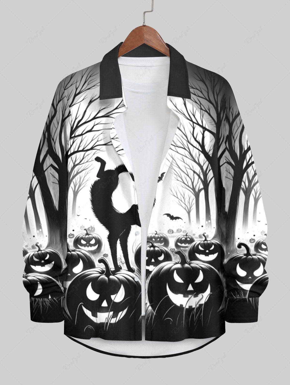 Affordable Plus Size Halloween Cat Pumpkin Bat Tree Forest Print Long Sleeve Buttons Shirt For Men  
