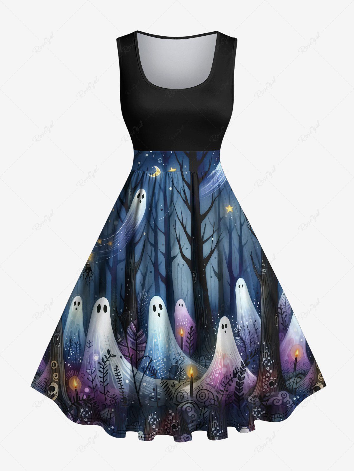 Robe Vintage Costume D'Halloween Plante Fantôme et Forêt Imprimés Grande Taille Noir 2X