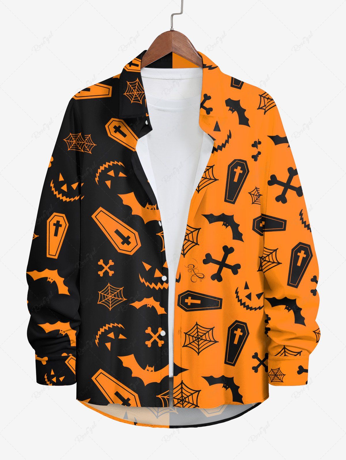Outfits Plus Size Halloween Spider Web Bat Cross Ghost Face Colorblock Print Buttons Long Sleeve Shirt For Men  
