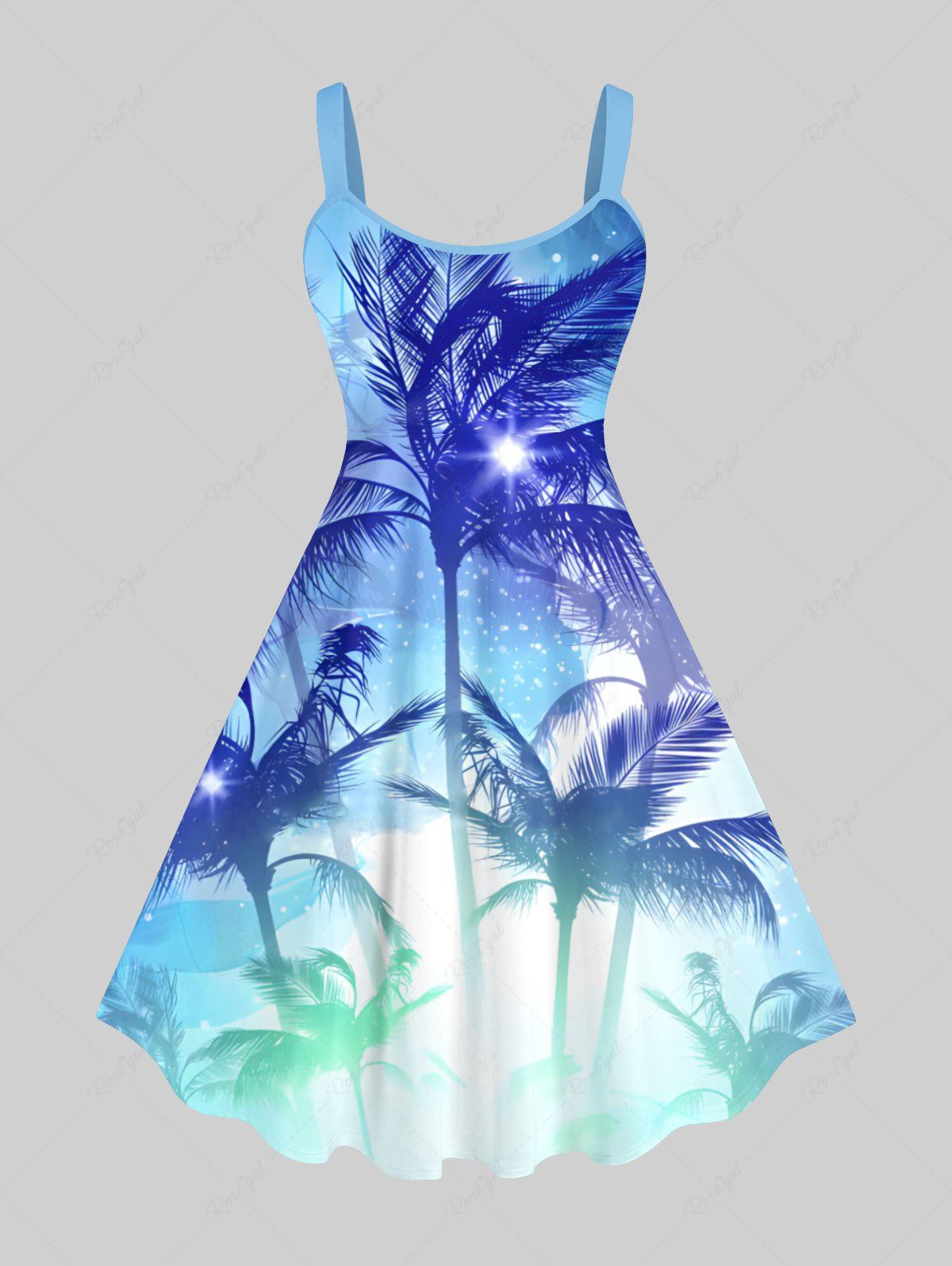 Cheap Plus Size Coconut Tree Ombre Colorblock Glitter 3D Print Hawaii Tank Dress  